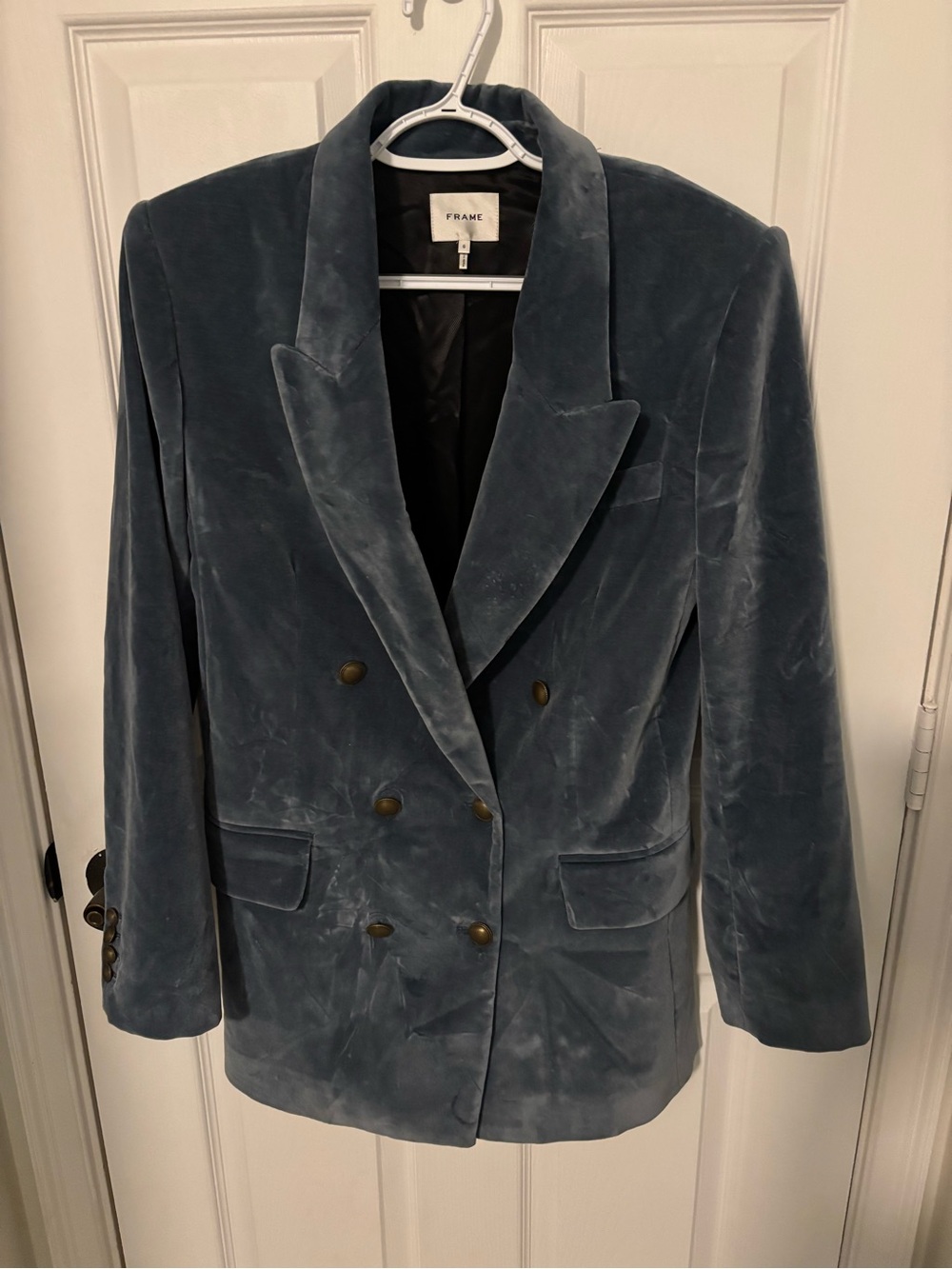 FRAME Double-Breasted Cotton-Blend Velvet Blazer Blue with Gold Accents Size 6 - Picture 7 of 15